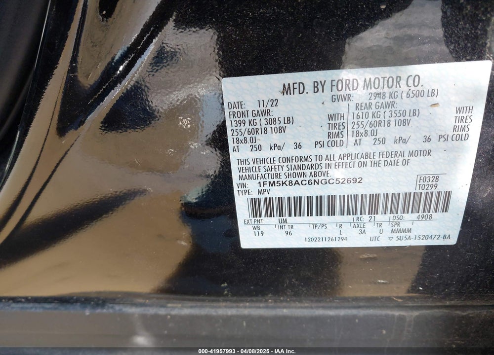 2022 FORD EXPLORER VIN: 1FM5K8AC6NGC52692