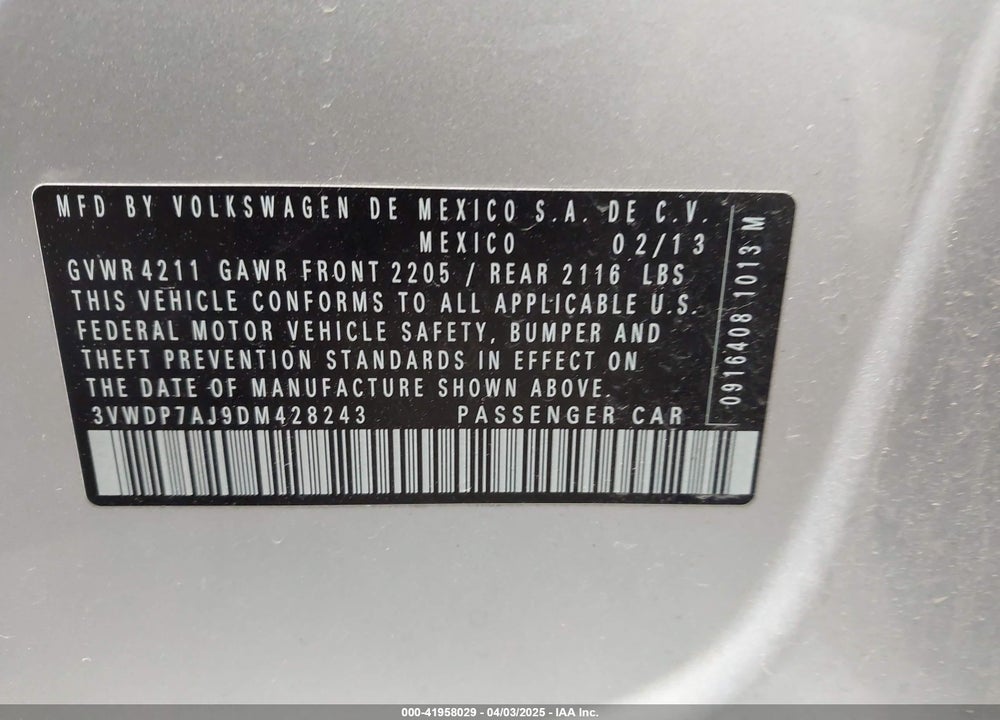 2013 VOLKSWAGEN JETTA 2.5L SE VIN: 3VWDP7AJ9DM428243