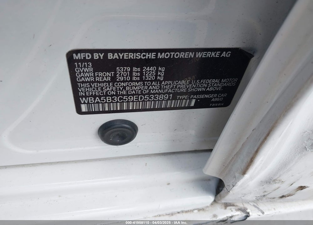 2014 BMW 5 SERIES VIN: WBA5B3C59ED533891