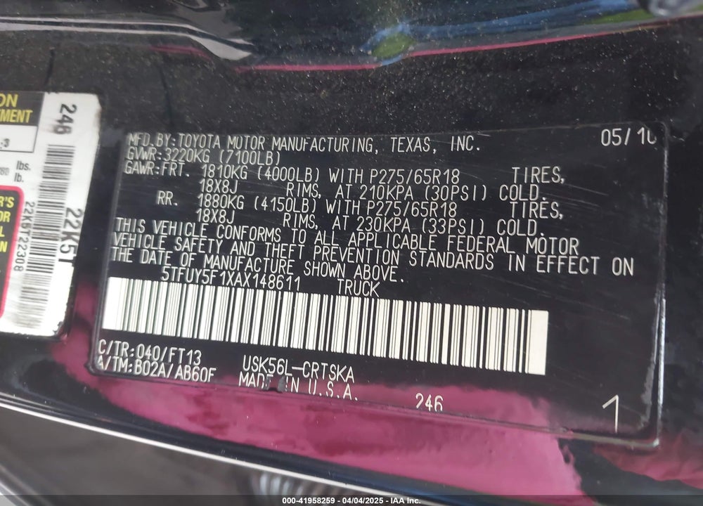 2010 TOYOTA TUNDRA VIN: 5TFUY5F1XAX148611