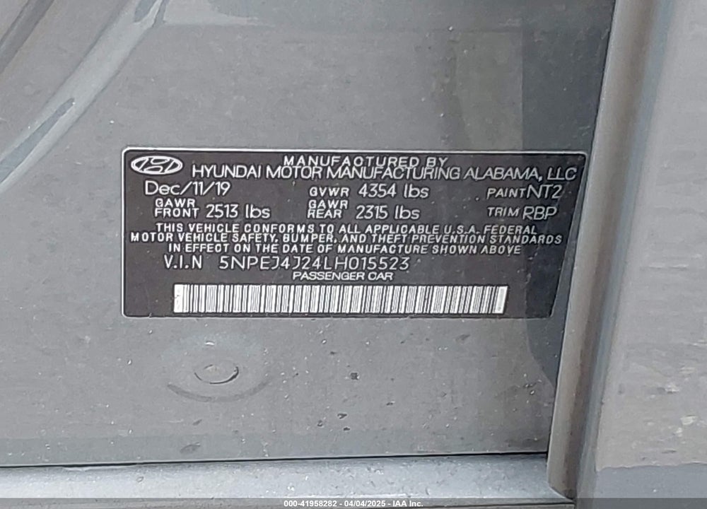 2020 HYUNDAI SONATA VIN: 5NPEJ4J24LH015523