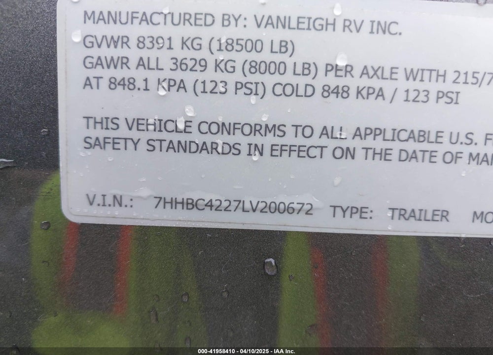 2020 VANLEIGH TRAVEL TRLR VIN: 7HHBC4227LV200672