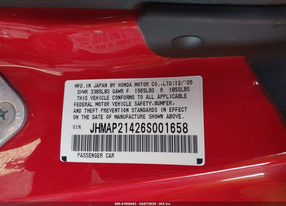 2006 HONDA S2000 VIN: JHMAP21426S001658