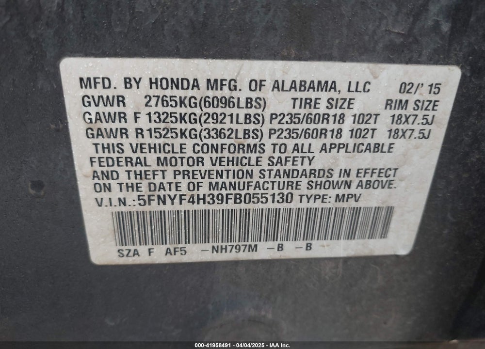 2015 HONDA PILOT VIN: 5FNYF4H39FB055130