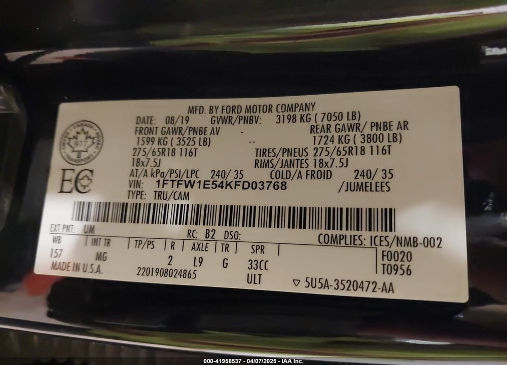 2019 FORD F-150 XLT VIN: 1FTFW1E54KFD03768