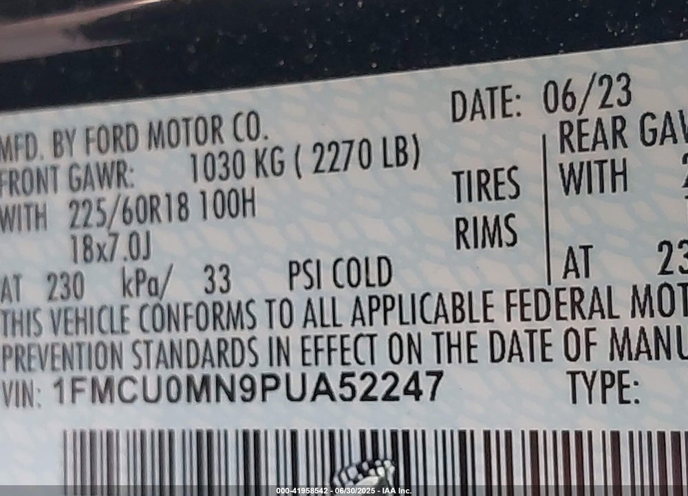 2023 FORD ESCAPE VIN: 1FMCU0MN9PUA52247