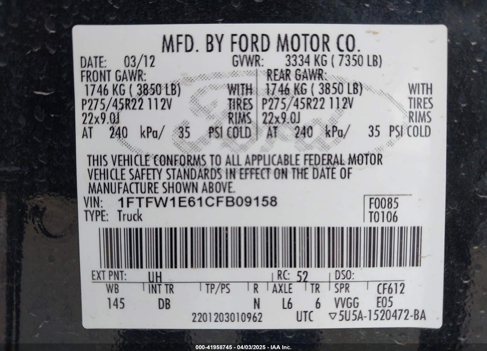 2012 HARLEY-DAVIDSON FORD F-150 VIN: 1FTFW1E61CFB09158