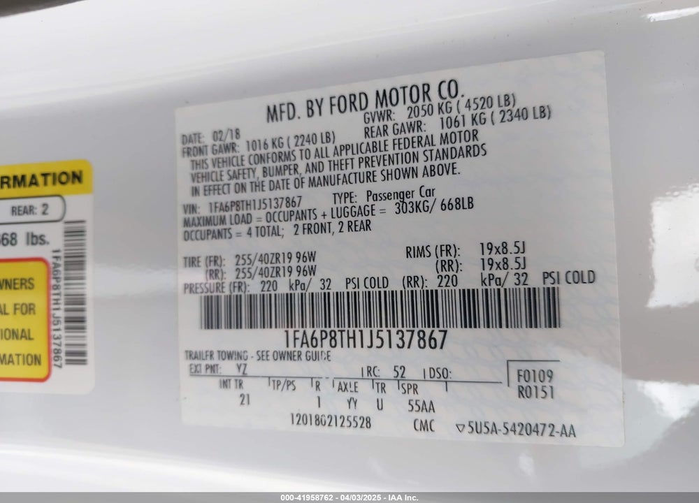 2018 FORD MUSTANG ECOBOOST VIN: 1FA6P8TH1J5137867