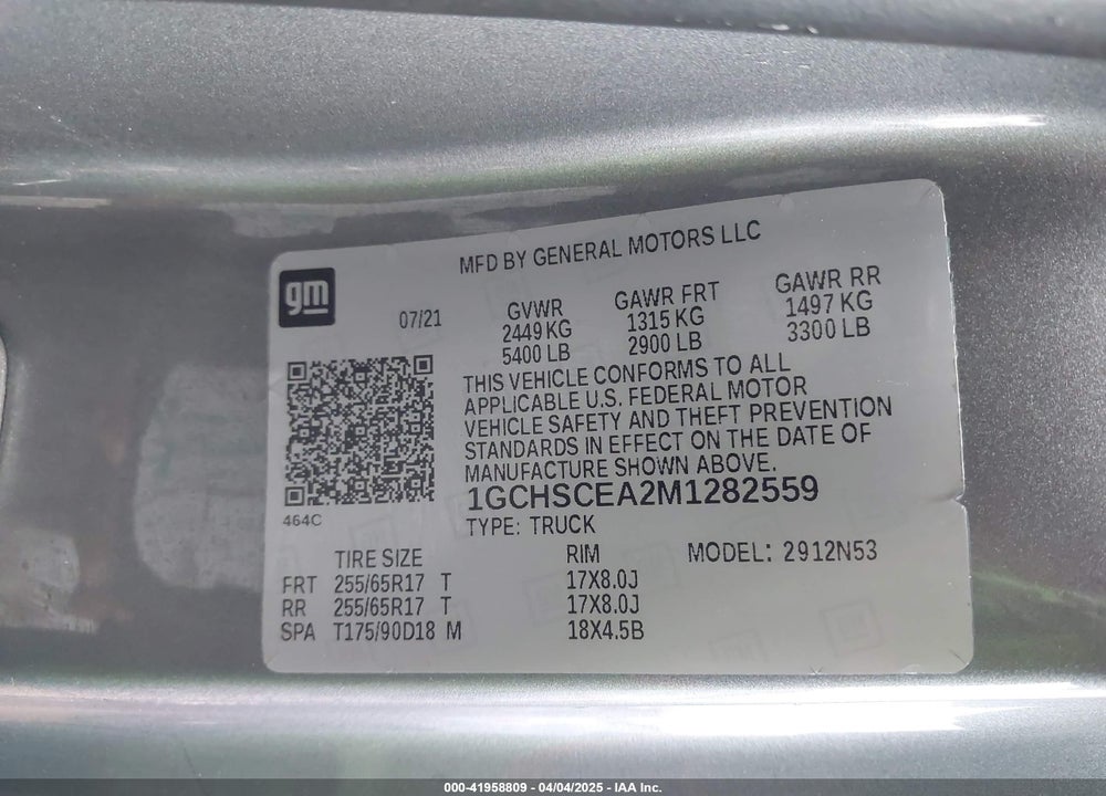 2021 CHEVROLET COLORADO VIN: 1GCHSCEA2M1282559