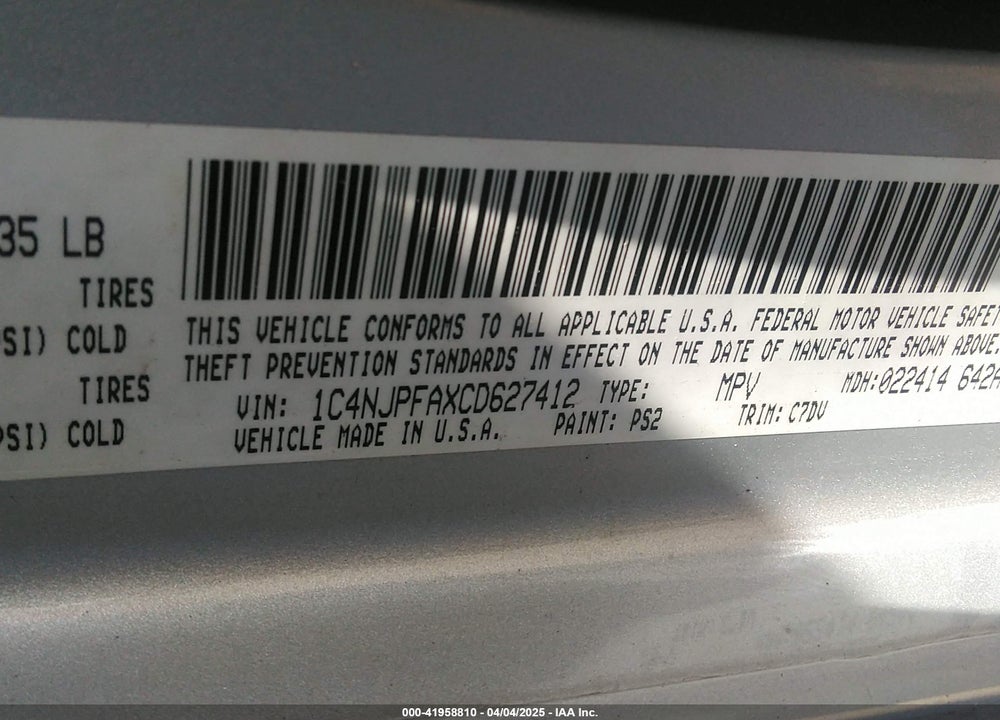 2012 JEEP PATRIOT VIN: 1C4NJPFAXCD627412
