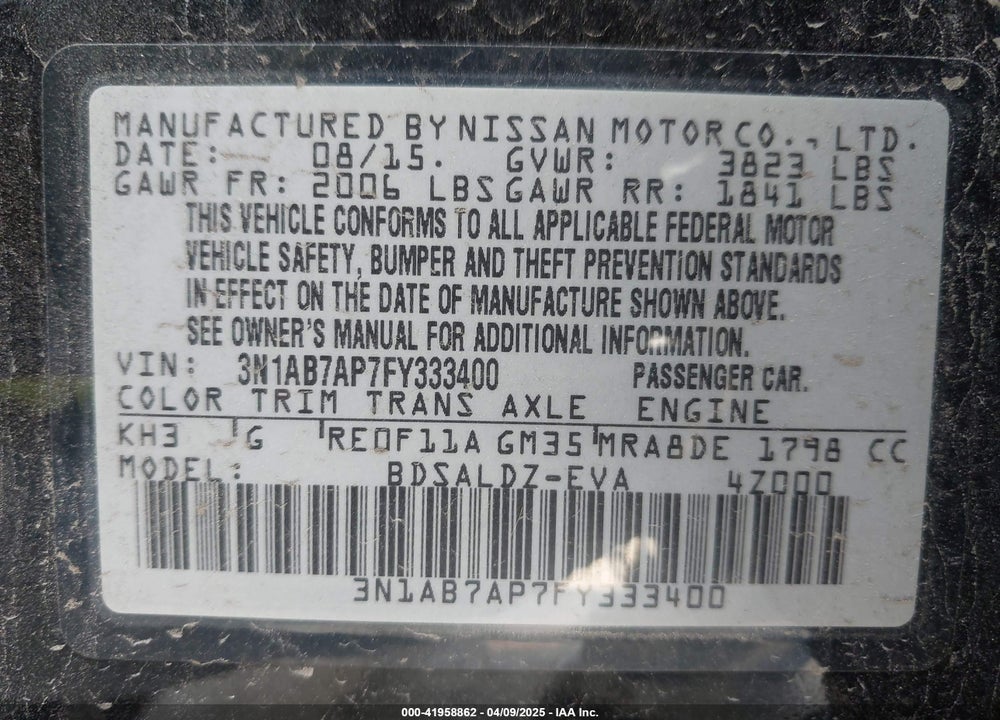 2015 NISSAN SENTRA SV VIN: 3N1AB7AP7FY333400