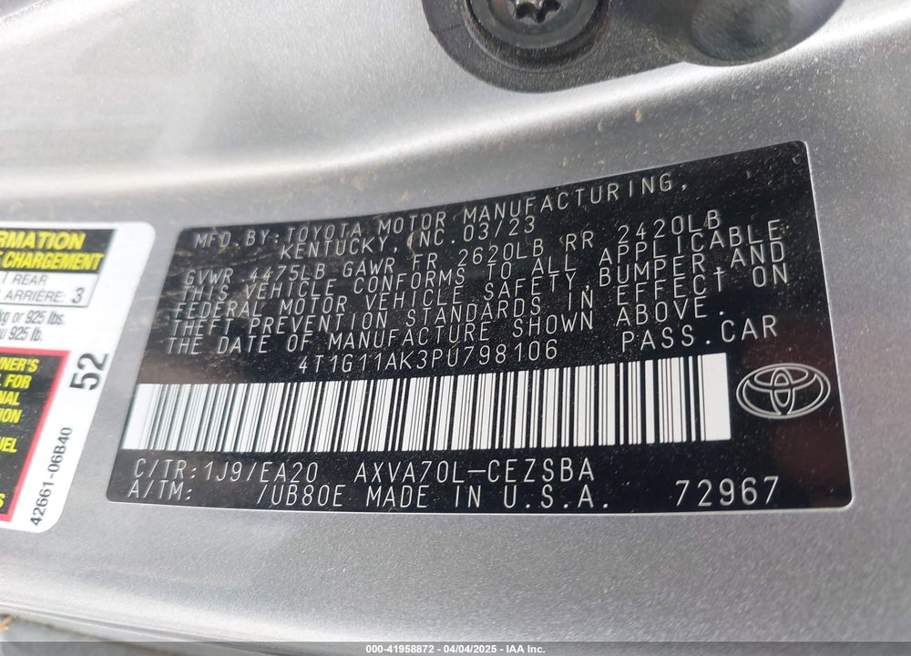 2023 TOYOTA CAMRY SE VIN: 4T1G11AK3PU798106