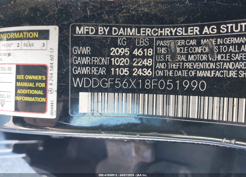 2008 MERCEDES-BENZ C 350 VIN: WDDGF56X18F051990