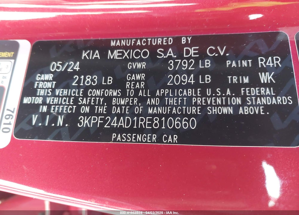 2024 KIA FORTE LXS VIN: 3KPF24AD1RE810660
