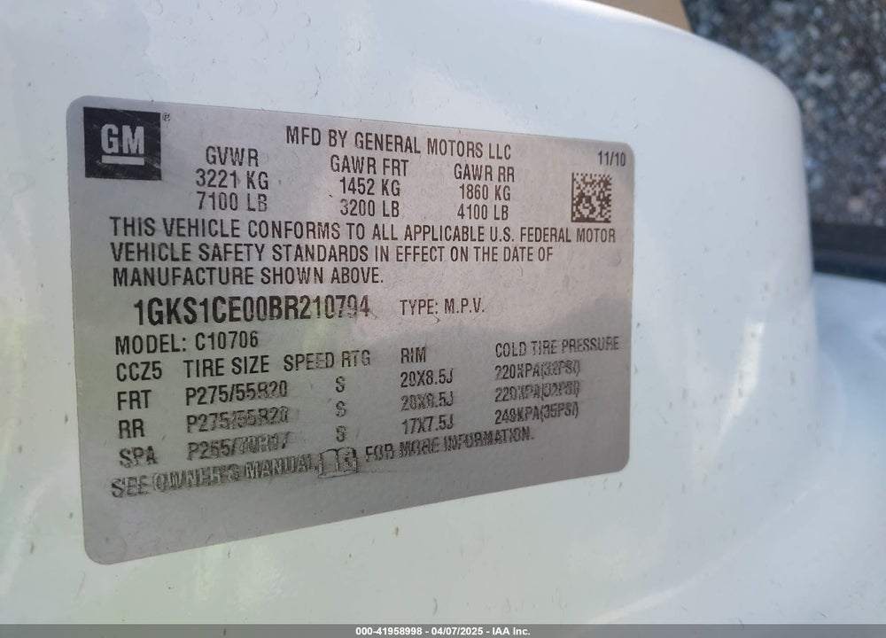 2011 GMC YUKON SLT VIN: 1GKS1CE00BR210794