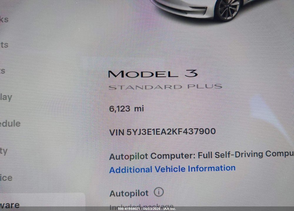 2019 TESLA MODEL 3 LONG RANGE/MID RANGE/STANDARD RANGE/STANDARD RANGE PLUS VIN: 5YJ3E1EA2KF437900