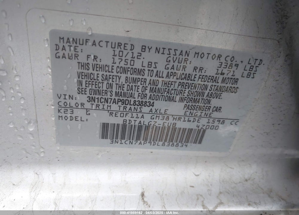 2013 NISSAN VERSA 1.6 SL VIN: 3N1CN7AP9DL838834