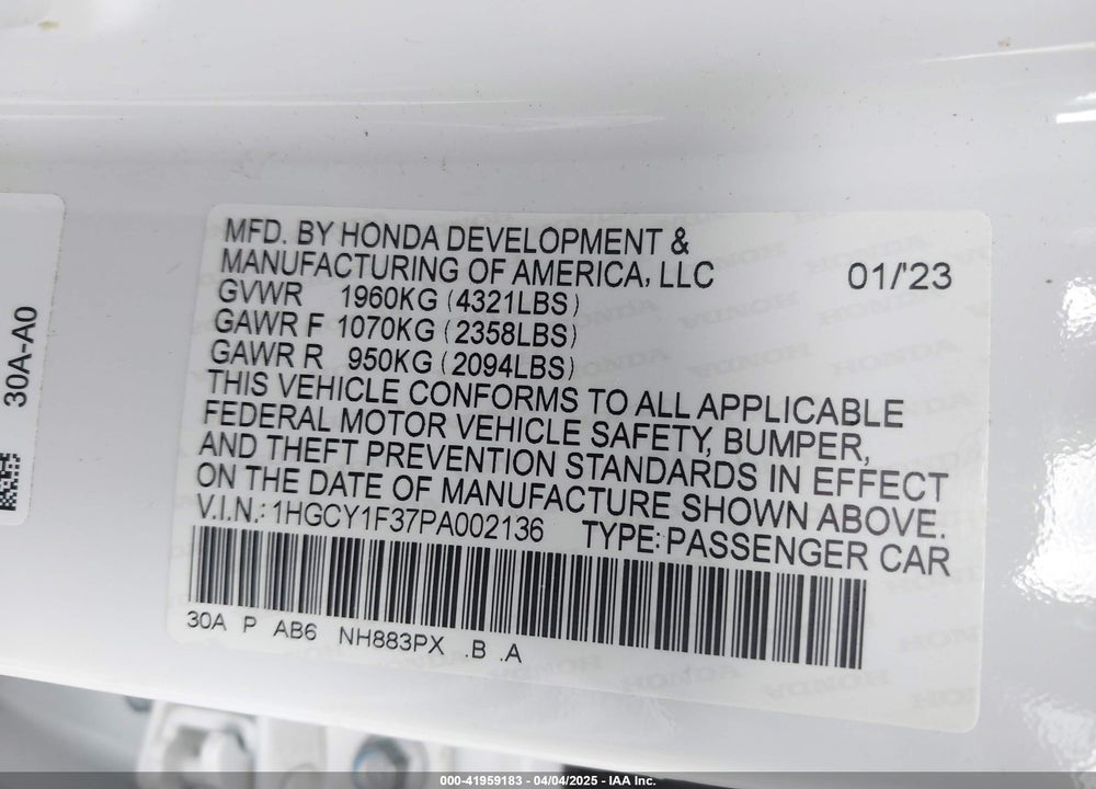 2023 HONDA ACCORD VIN: 1HGCY1F37PA002136