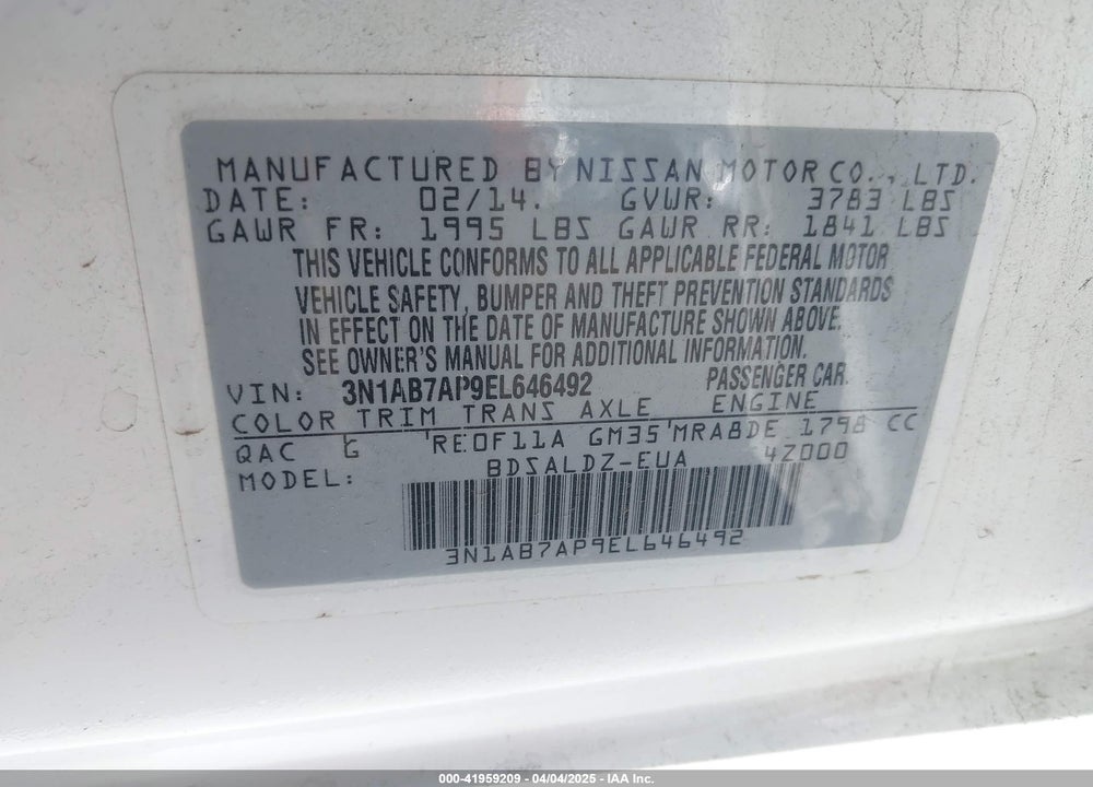 2014 NISSAN SENTRA VIN: 3N1AB7AP9EL646492