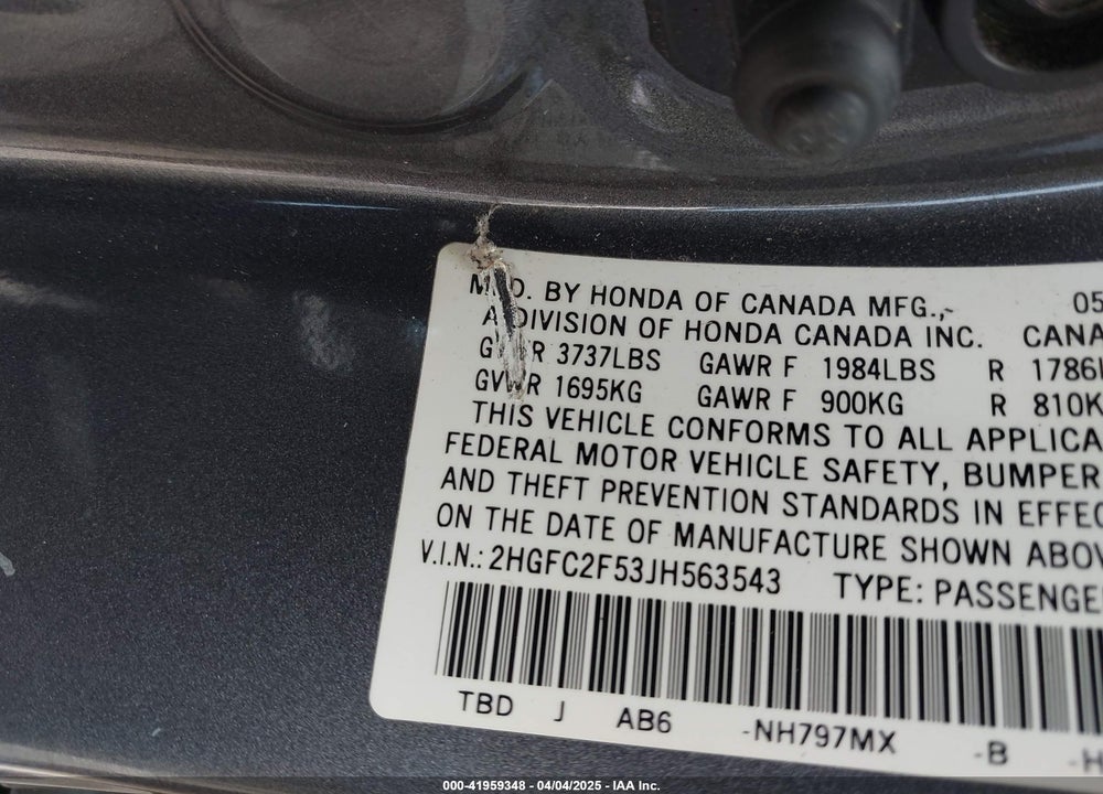 2018 HONDA CIVIC VIN: 2HGFC2F53JH563543