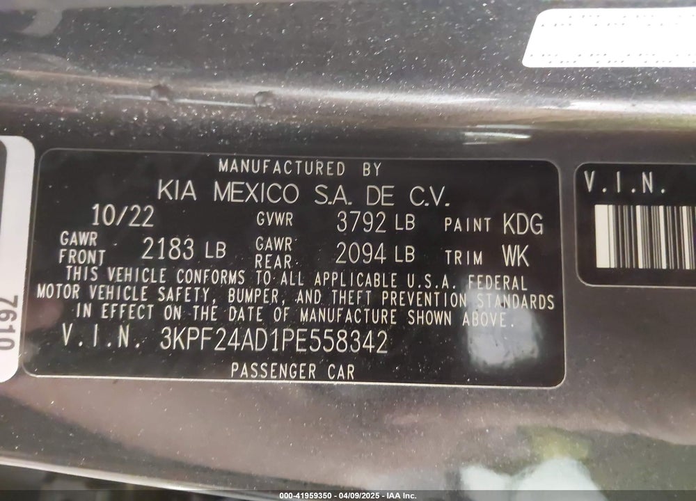 2023 KIA FORTE VIN: 3KPF24AD1PE558342