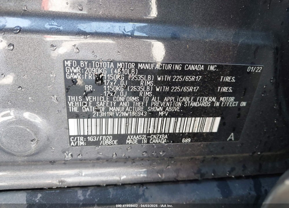 2022 TOYOTA RAV4 LE VIN: 2T3H1RFV2NW186943