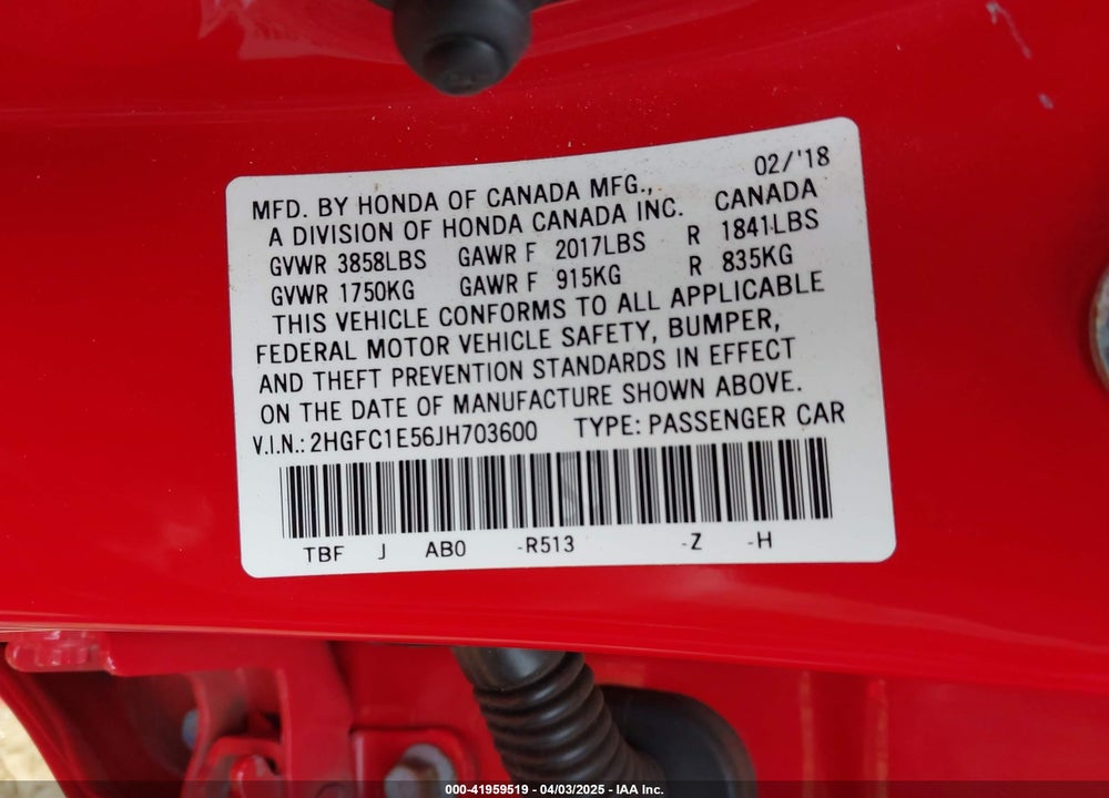 2018 HONDA CIVIC SI VIN: 2HGFC1E56JH703600