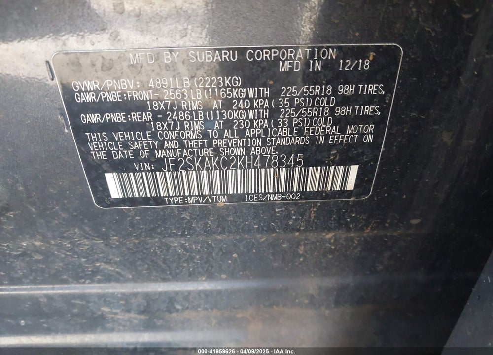 2019 SUBARU FORESTER SPORT VIN: JF2SKAKC2KH478345