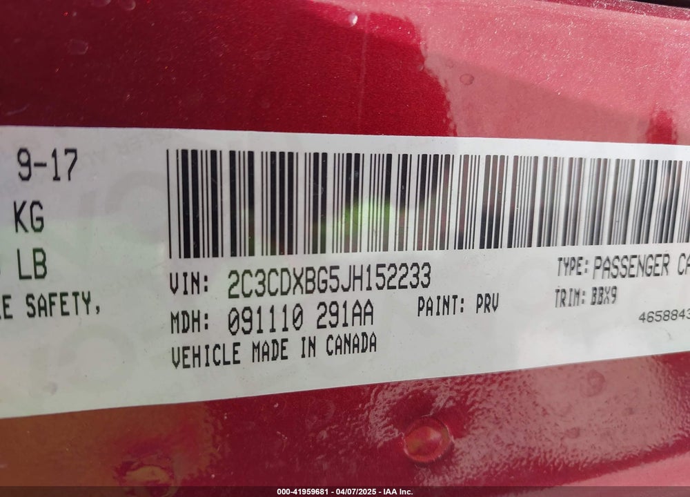 2018 DODGE CHARGER SXT RWD VIN: 2C3CDXBG5JH152233