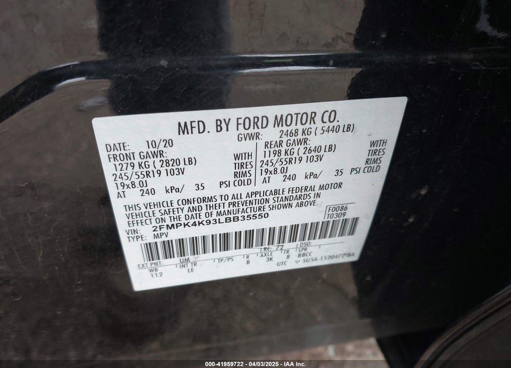 2020 FORD EDGE TITANIUM VIN: 2FMPK4K93LBB35550