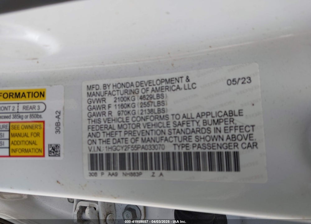 2023 HONDA ACCORD VIN: 1HGCY2F55PA033070