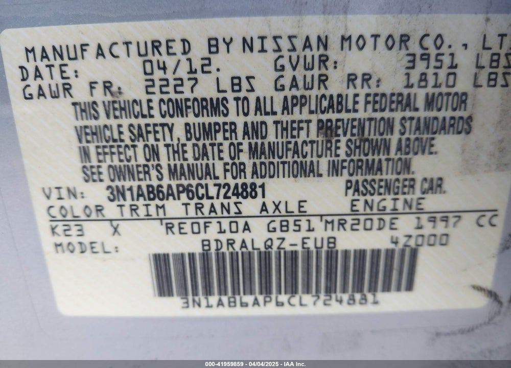 2012 NISSAN SENTRA VIN: 3N1AB6AP6CL724881