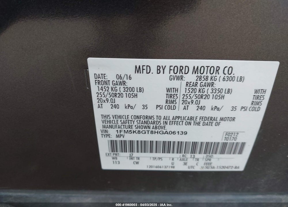 2017 FORD EXPLORER VIN: 1FM5K8GT8HGA06139