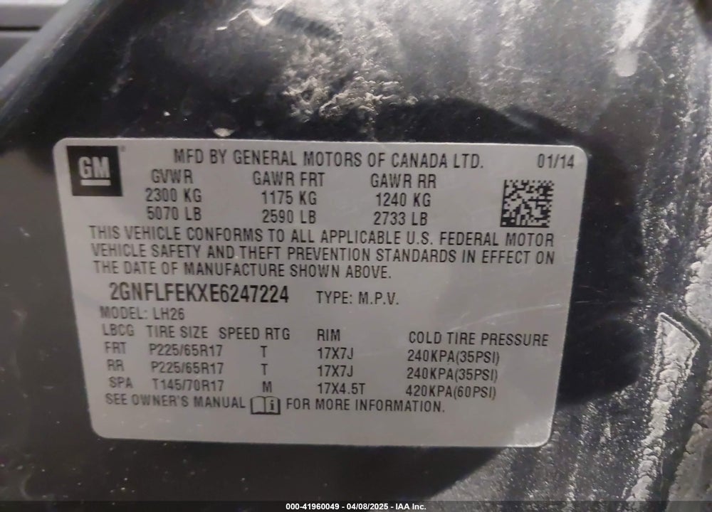 2014 CHEVROLET EQUINOX 1LT VIN: 2GNFLFEKXE6247224