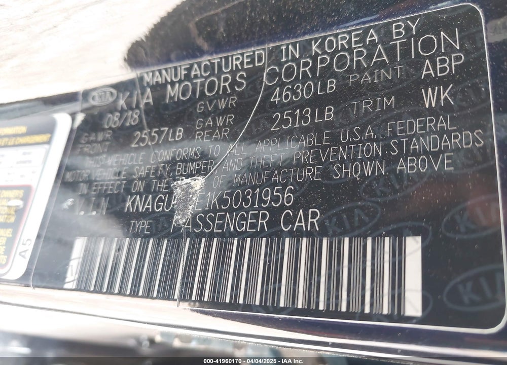 2019 KIA OPTIMA HYBRID EX VIN: KNAGU4LE1K5031956