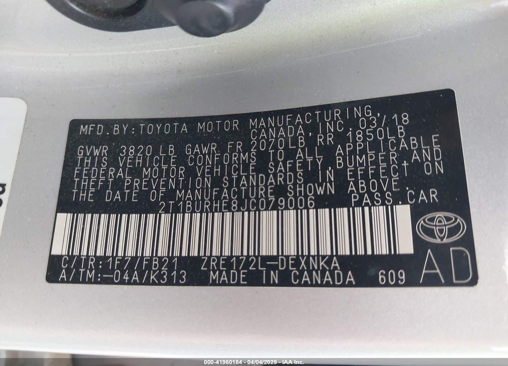 2018 TOYOTA COROLLA LE VIN: 2T1BURHE8JC079006