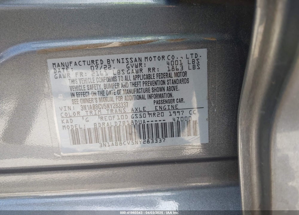 2022 NISSAN SENTRA VIN: 3N1AB8CV5NY283337