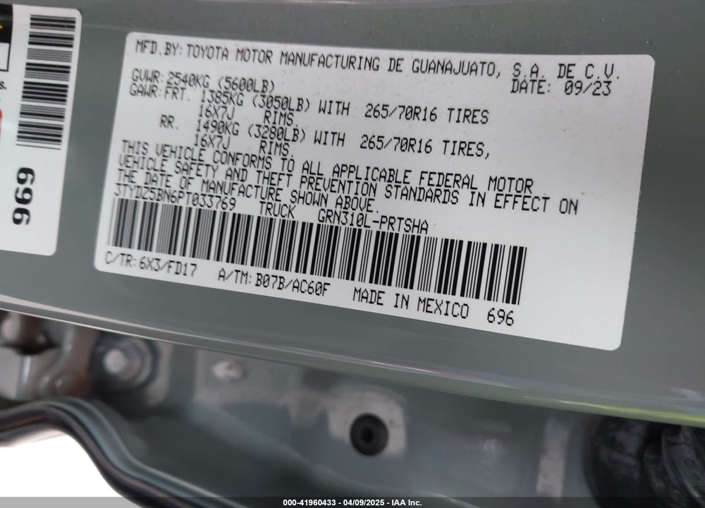 2023 TOYOTA TACOMA TRD SPORT VIN: 3TYDZ5BN6PT033769