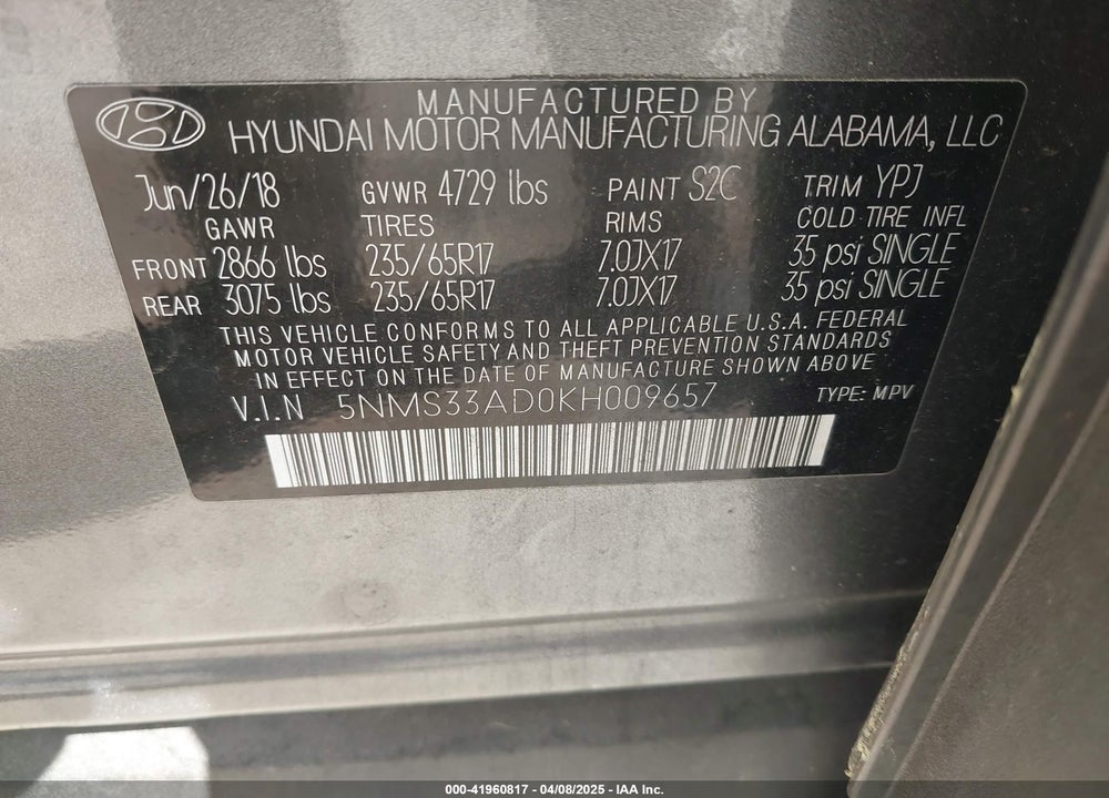 2019 HYUNDAI SANTA FE VIN: 5NMS33AD0KH009657