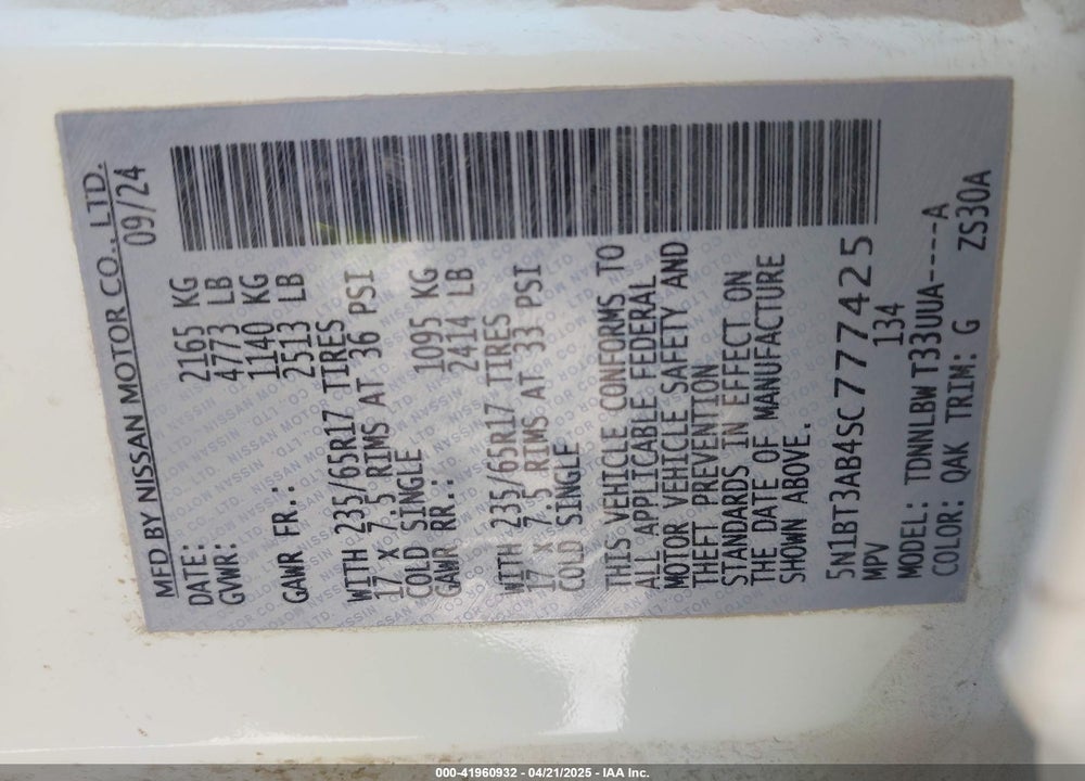 2025 NISSAN ROGUE VIN: 5N1BT3AB4SC777425
