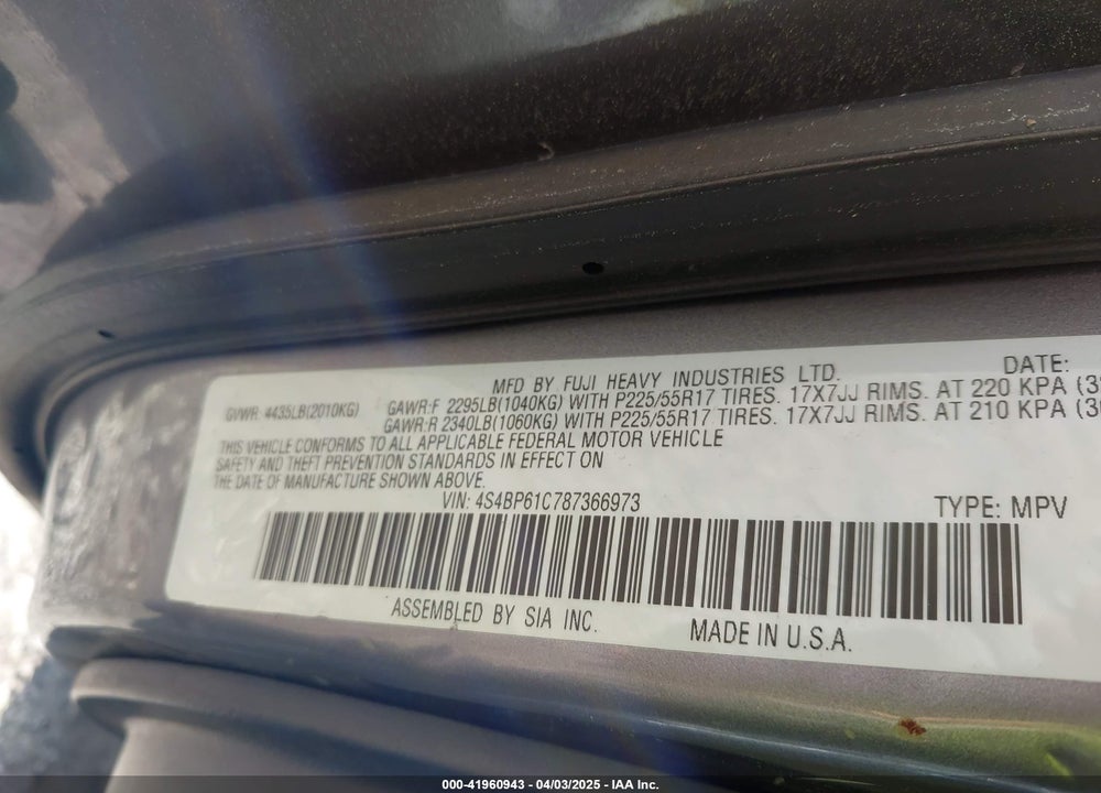 2008 SUBARU OUTBACK 2.5I/2.5I L.L. BEAN EDITION VIN: 4S4BP61C787366973