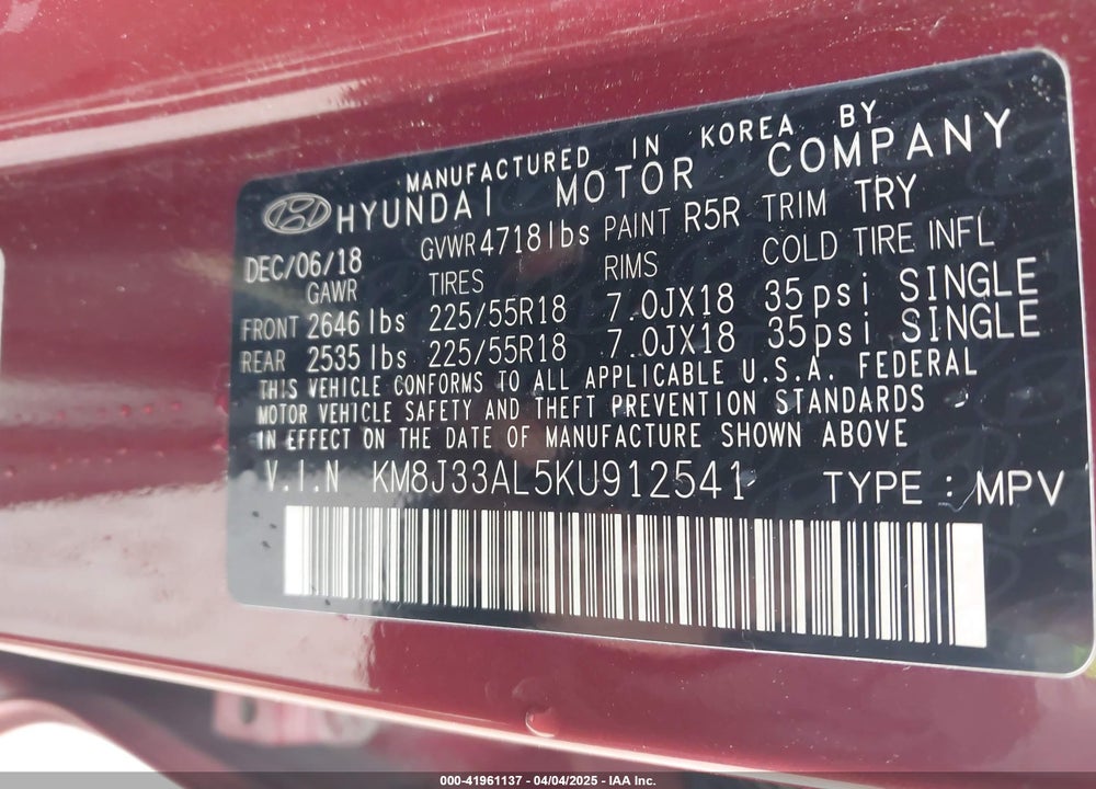 2019 HYUNDAI TUCSON LIMITED VIN: KM8J33AL5KU912541