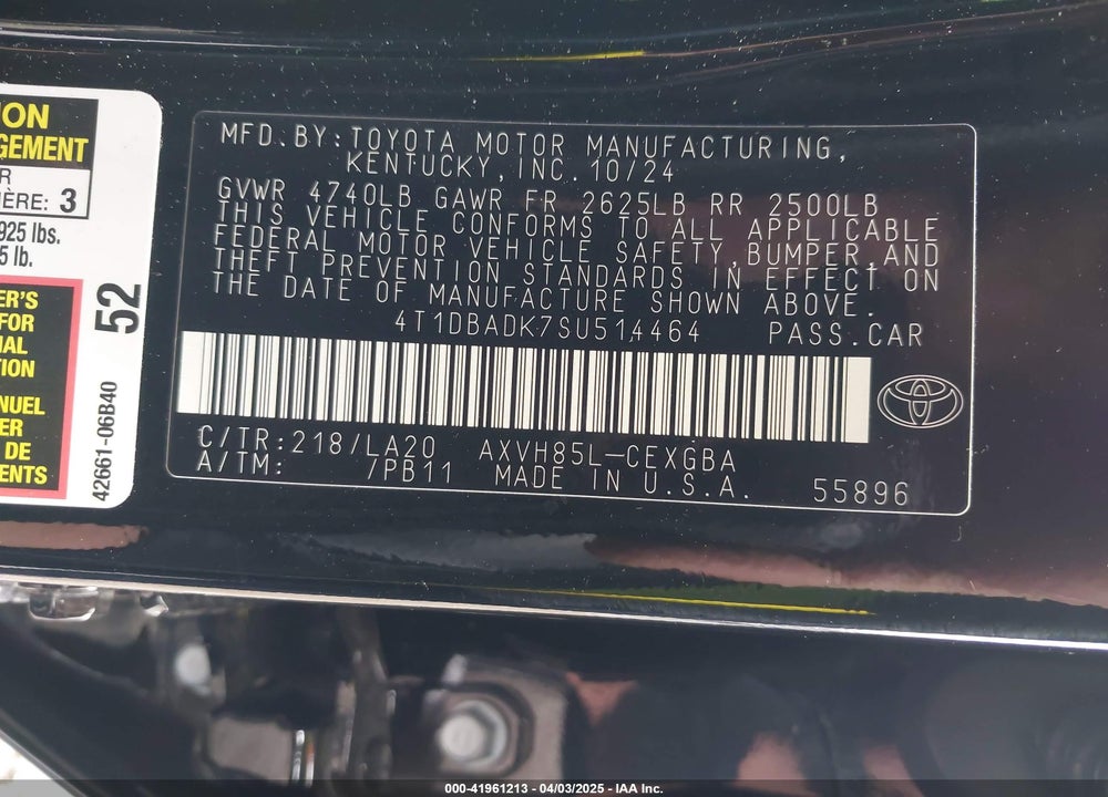 2025 TOYOTA CAMRY VIN: 4T1DBADK7SU514464
