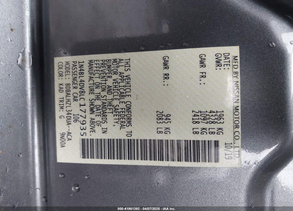 2020 NISSAN ALTIMA VIN: 1N4BL4DV8LC177935
