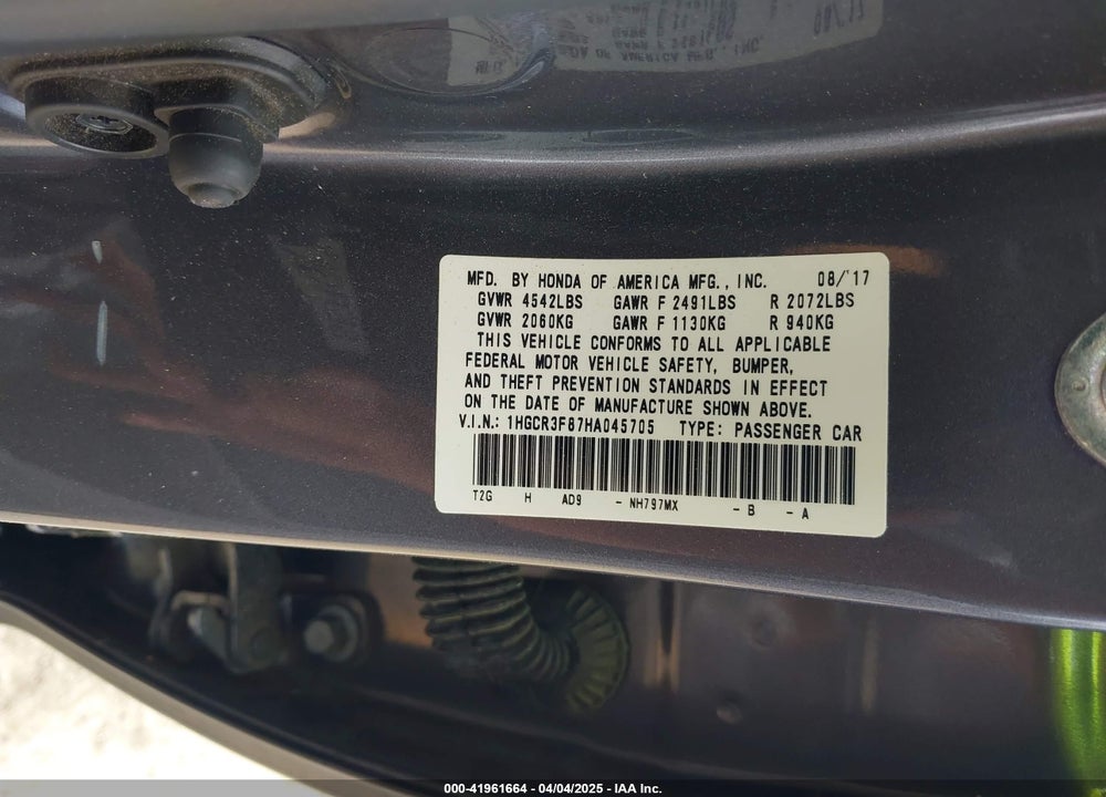 2017 HONDA ACCORD EX-L V6 VIN: 1HGCR3F87HA045705