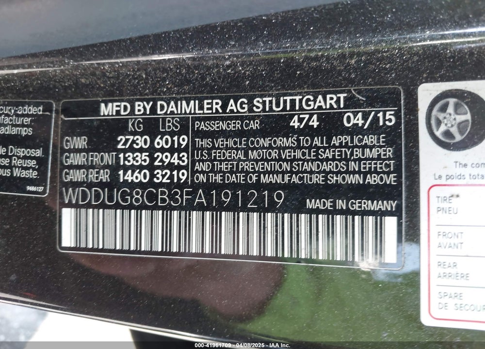 2015 MERCEDES-BENZ S 550 VIN: WDDUG8CB3FA191219