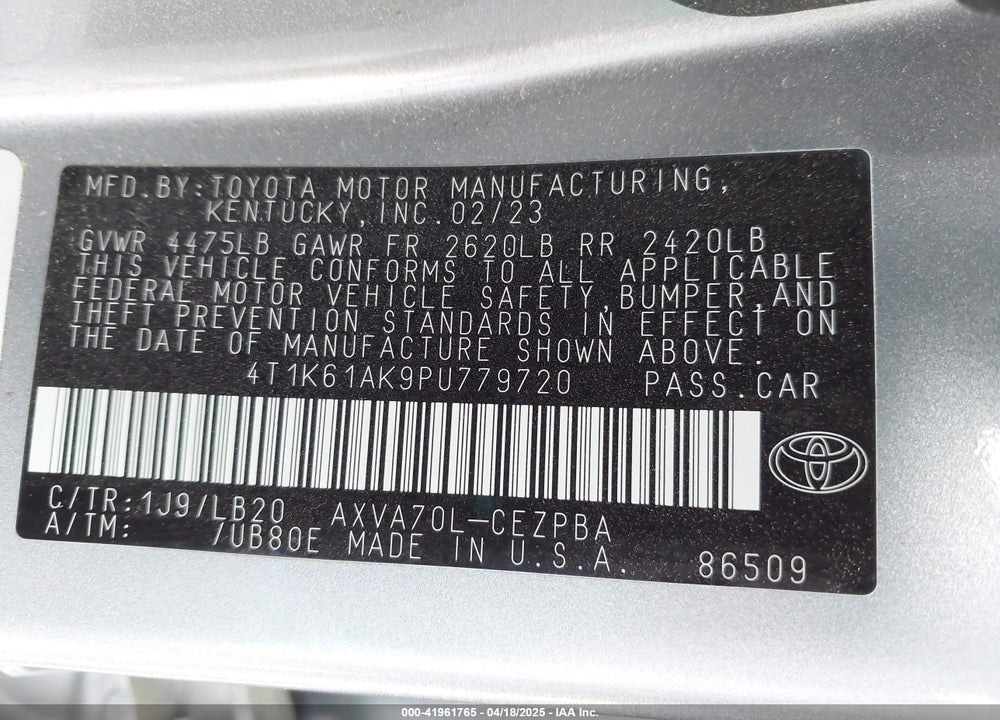 2023 TOYOTA CAMRY VIN: 4T1K61AK9PU779720