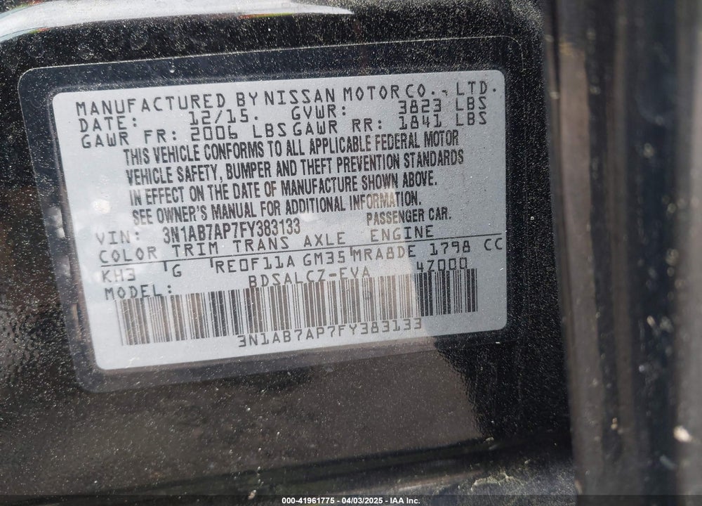 2015 NISSAN SENTRA S VIN: 3N1AB7AP7FY383133