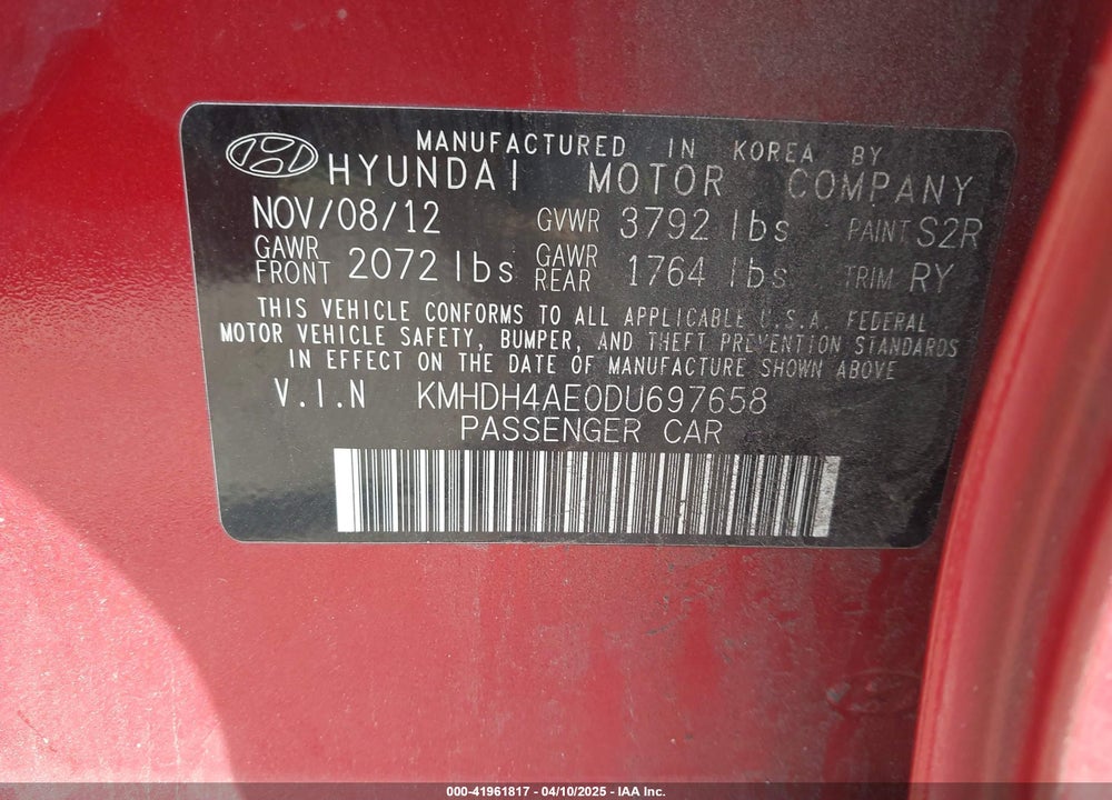 2013 HYUNDAI ELANTRA LIMITED VIN: KMHDH4AE0DU697658