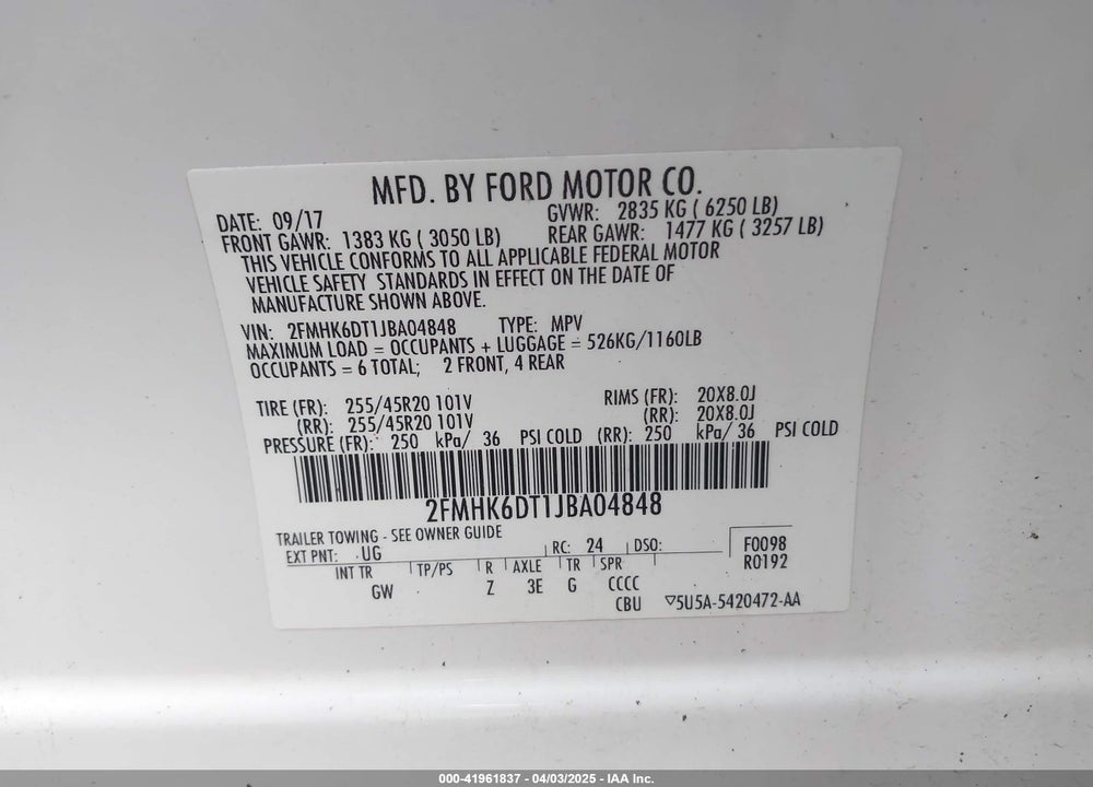 2018 FORD FLEX LIMITED VIN: 2FMHK6DT1JBA04848